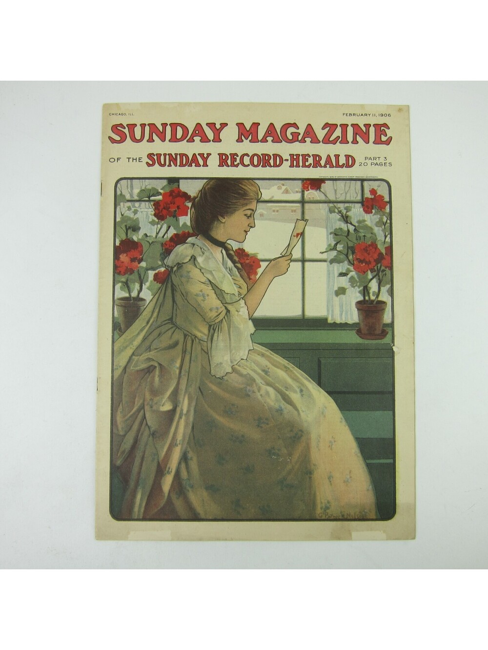 Sunday Record Herald Magazine Woman Reads Valentine Red Flowers Antique 1906